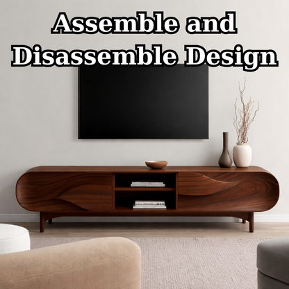 Solid Wood TV Stand with Sculpted Wave Front – Modern Walnut Media Console