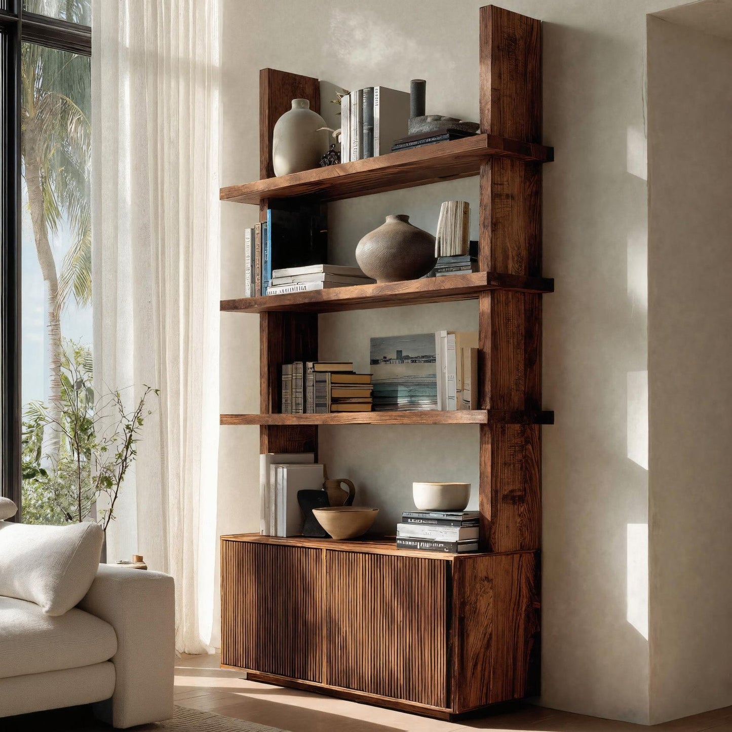 Contemporary Fluted Wood Bookshelf For Living Decor Kitchnce