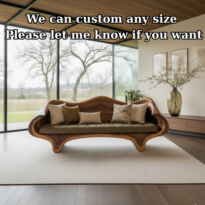 Handcrafted Solid Wood Sofa – Sculptural Organic Wood Couch with Artistic Curves and Cushion Seat Kitchnce
