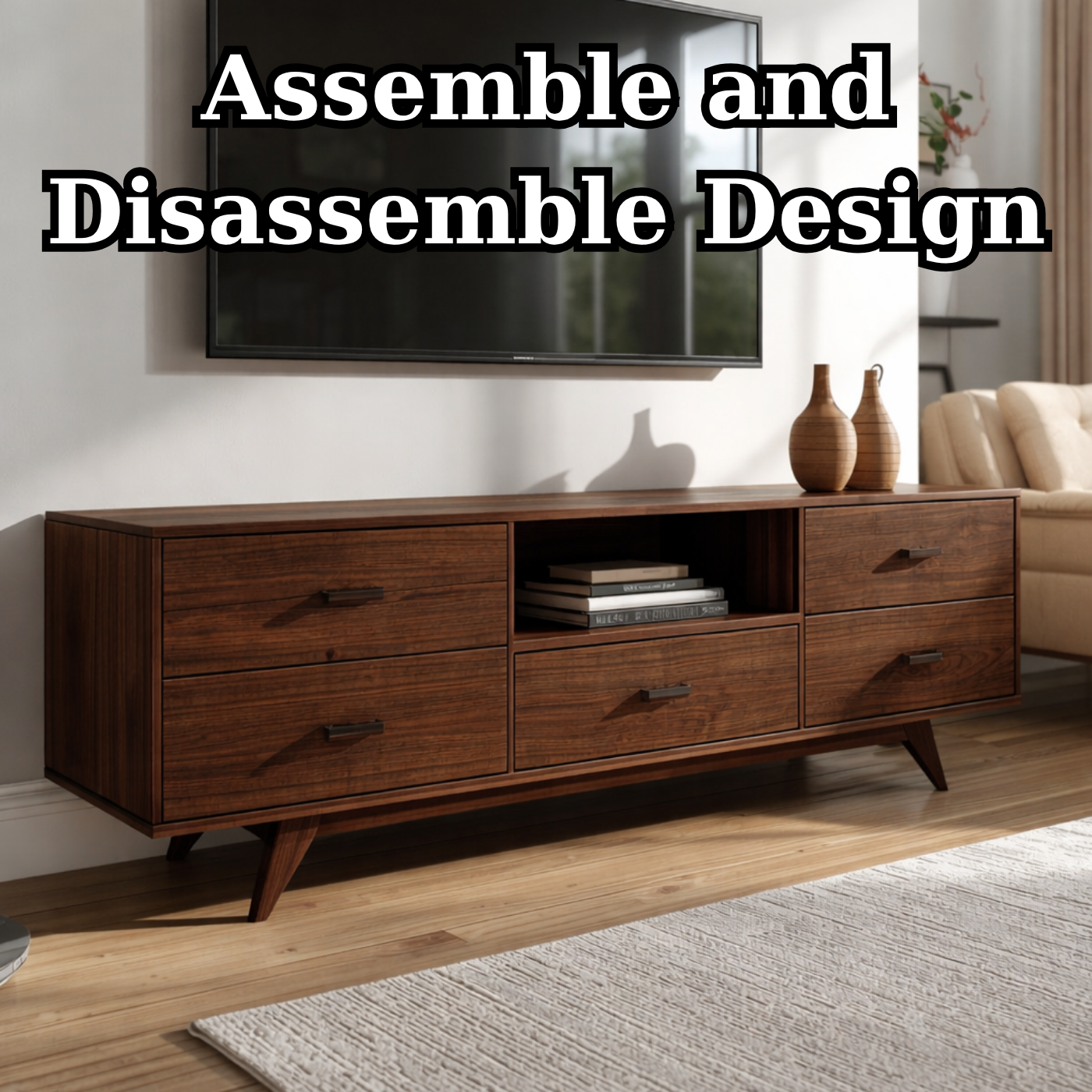 Mid-Century Solid Wood TV Stand with Drawers – Modern Walnut Media Console