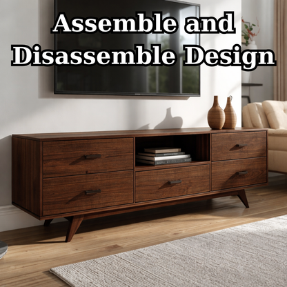 Mid-Century Solid Wood TV Stand with Drawers – Modern Walnut Media Console