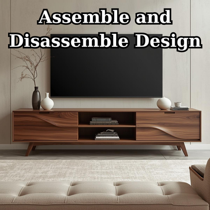 Solid Wood TV Stand with Wave Carved Drawers – Modern Mid-Century Media Console