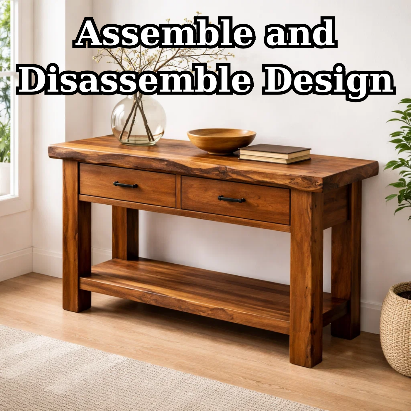 Solid Wood Console Table with Drawers and Shelf