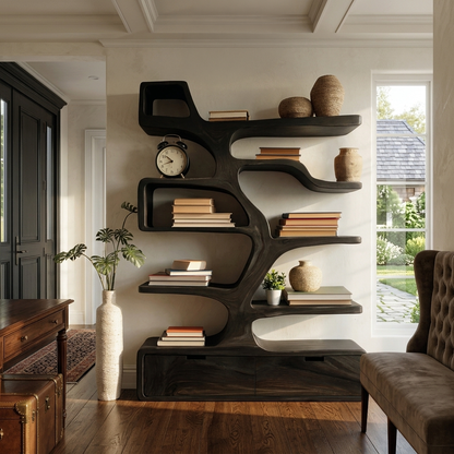 Contemporary Wooden Bookshelf Sculpted Design For Living Space Kitchnce