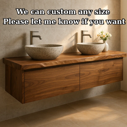 Handcrafted Solid Wood Floating Vanity - Double Sink Live Edge Walnut Console 2-Drawer Kitchnce