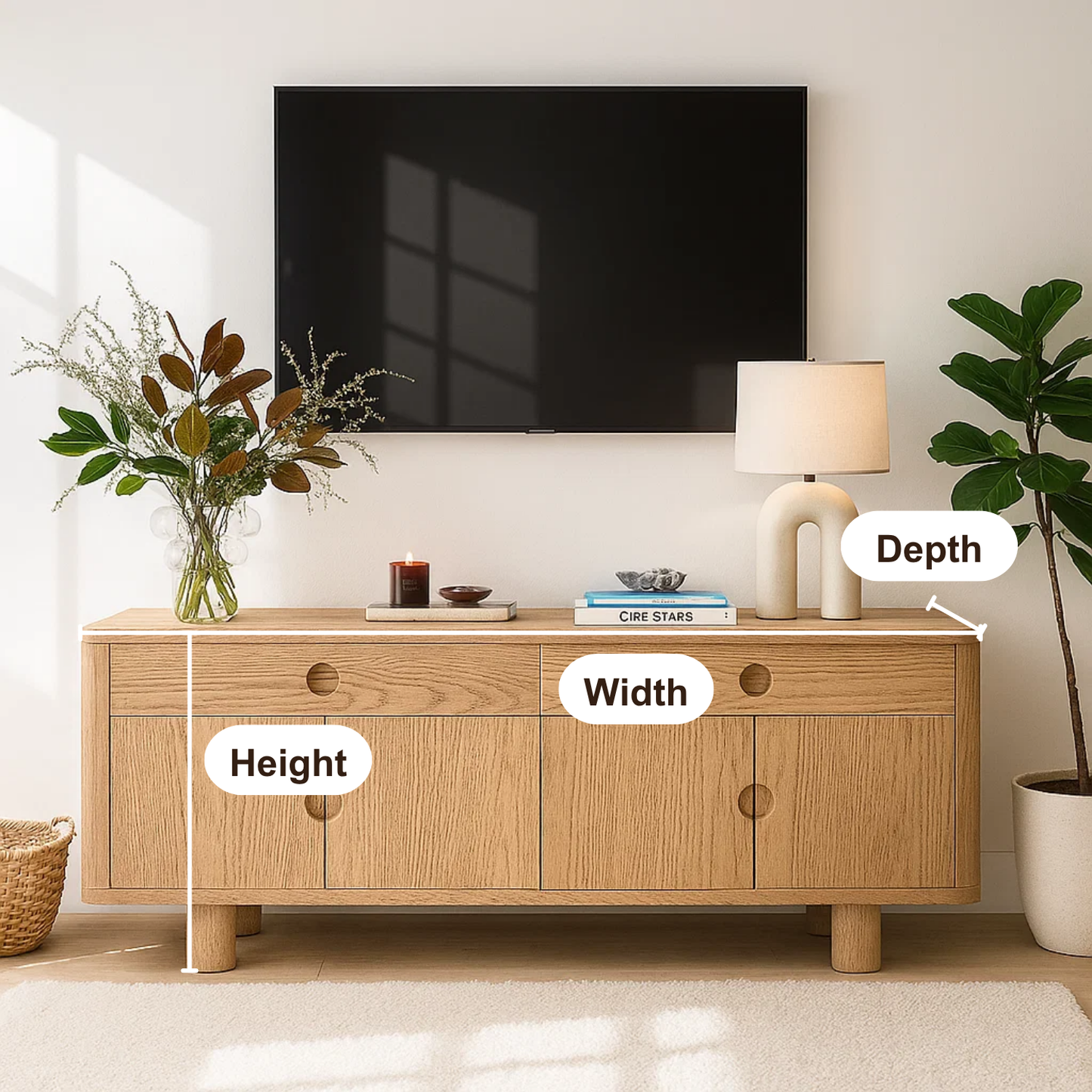 Handcrafted Solid Wood TV Stand – Japandi Style Media Console with Round Handle Design