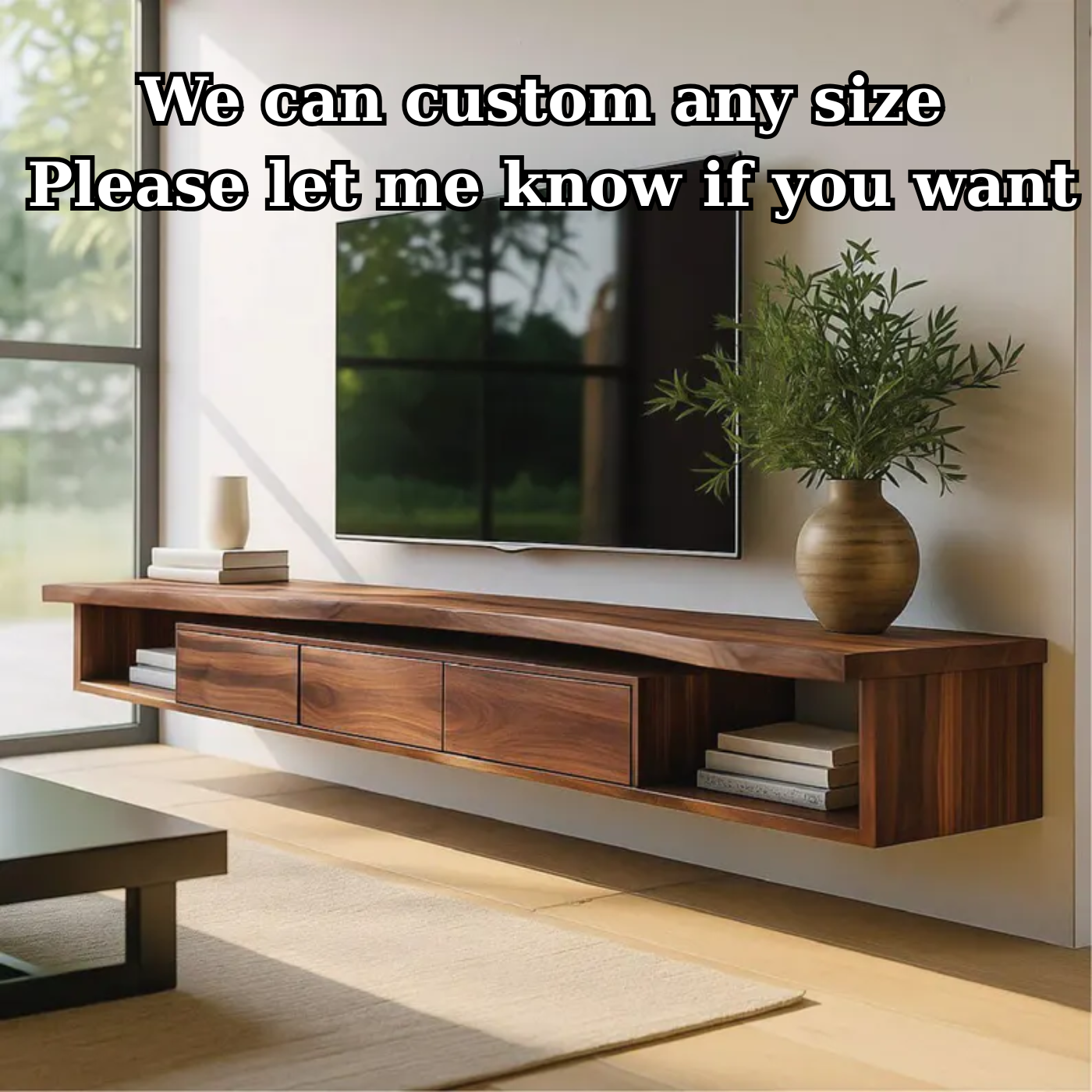 Handcrafted Solid Wood Floating TV Stand, Modern Live Edge Media Cabinet with Drawers Kitchnce