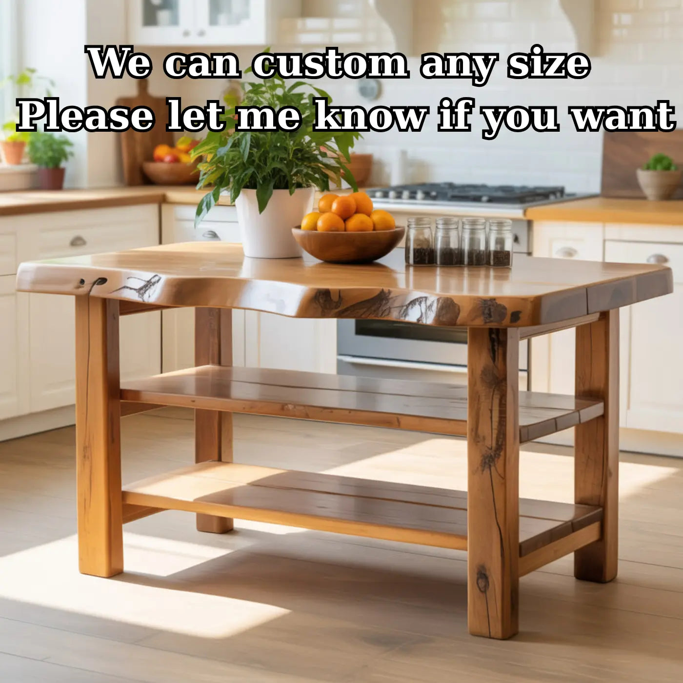 Handcrafted Solid Wood Kitchen Island - Natural Live-Edge Top & Open Shelving Kitchnce