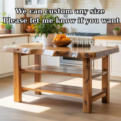 Handcrafted Solid Wood Kitchen Island - Natural Live-Edge Top & Open Shelving Kitchnce
