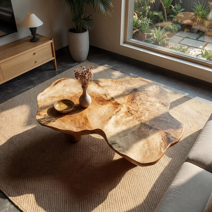Freeform Live Edge Coffee Table with Sculptural Block Legs