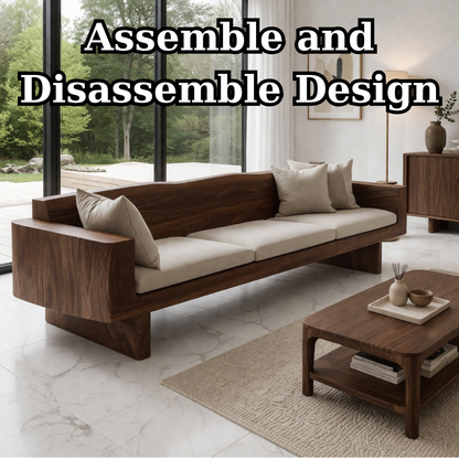 Walnut Solid Wood Sofa – Modern Rustic Wooden Living Room Sofa