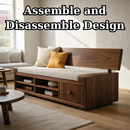 Solid Wood Storage Sofa – Walnut Wooden Sofa with Built-in Shelves