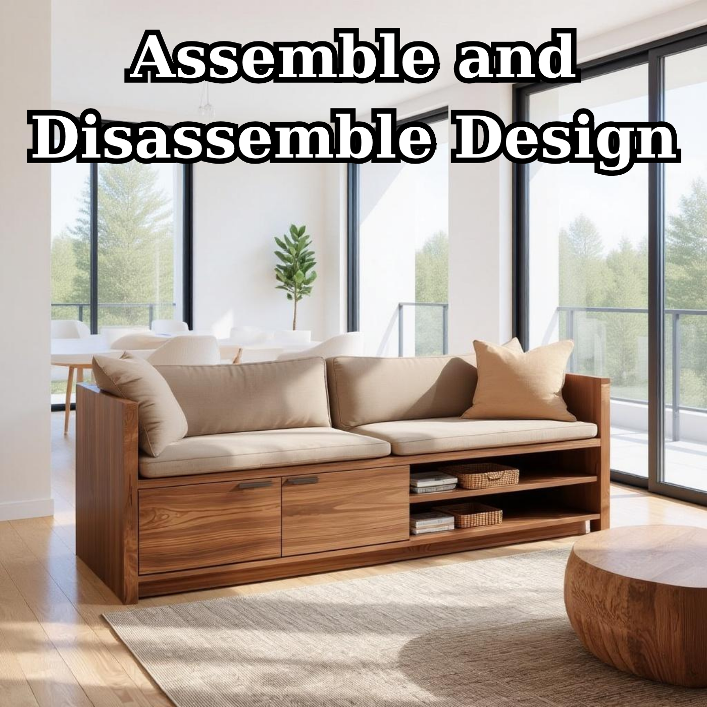 Solid Wood Storage Sofa – Modern Wooden Sofa with Drawer and Shelving