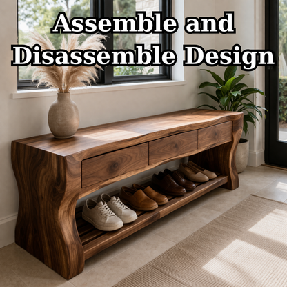 Solid Wood Shoe Bench with Drawers – Modern Walnut Entryway Storage Bench