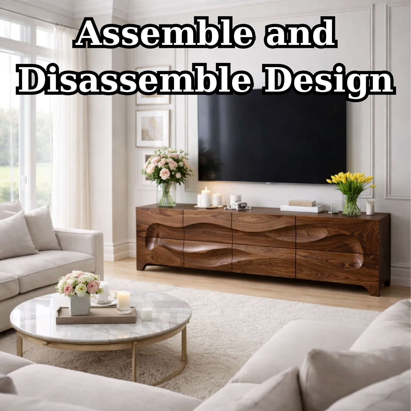 Solid Wood Sculptured Wave TV Console - Handcrafted Walnut Media Sideboard