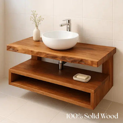 Handcrafted Floating Solid Wood Bathroom Vanity – Rustic Live Edge Countertop with Open Shelf – Modern Minimalist Design Kitchnce