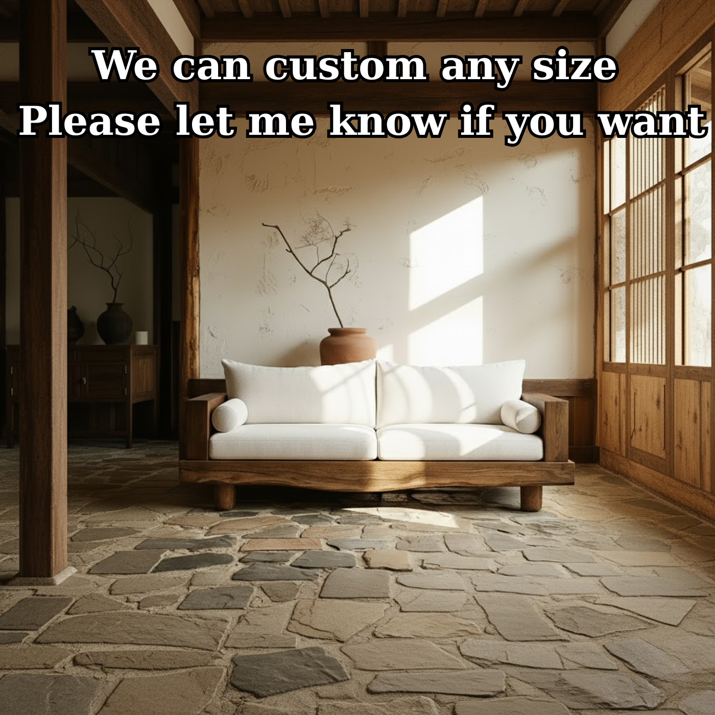Handcrafted Solid Wood Sofa – Rustic Live Edge Wood Couch with Minimalist Linen Cushions Kitchnce