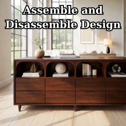 Solid Wood Console Table with Arched Open Shelves and Drawer Storage