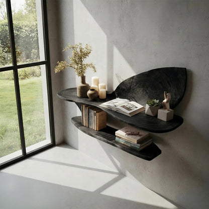 Two-Tier Sculptural Wall Shelf in Natural Wood with Organic Form