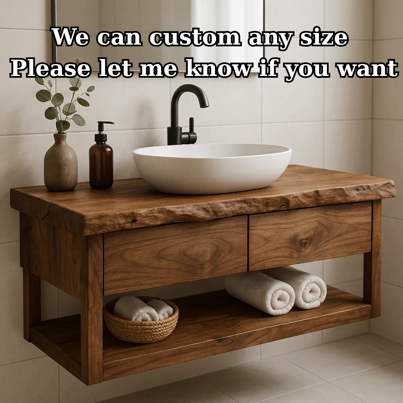 Rustic Solid Wood Floating Bathroom Vanity with Open Shelf Storage