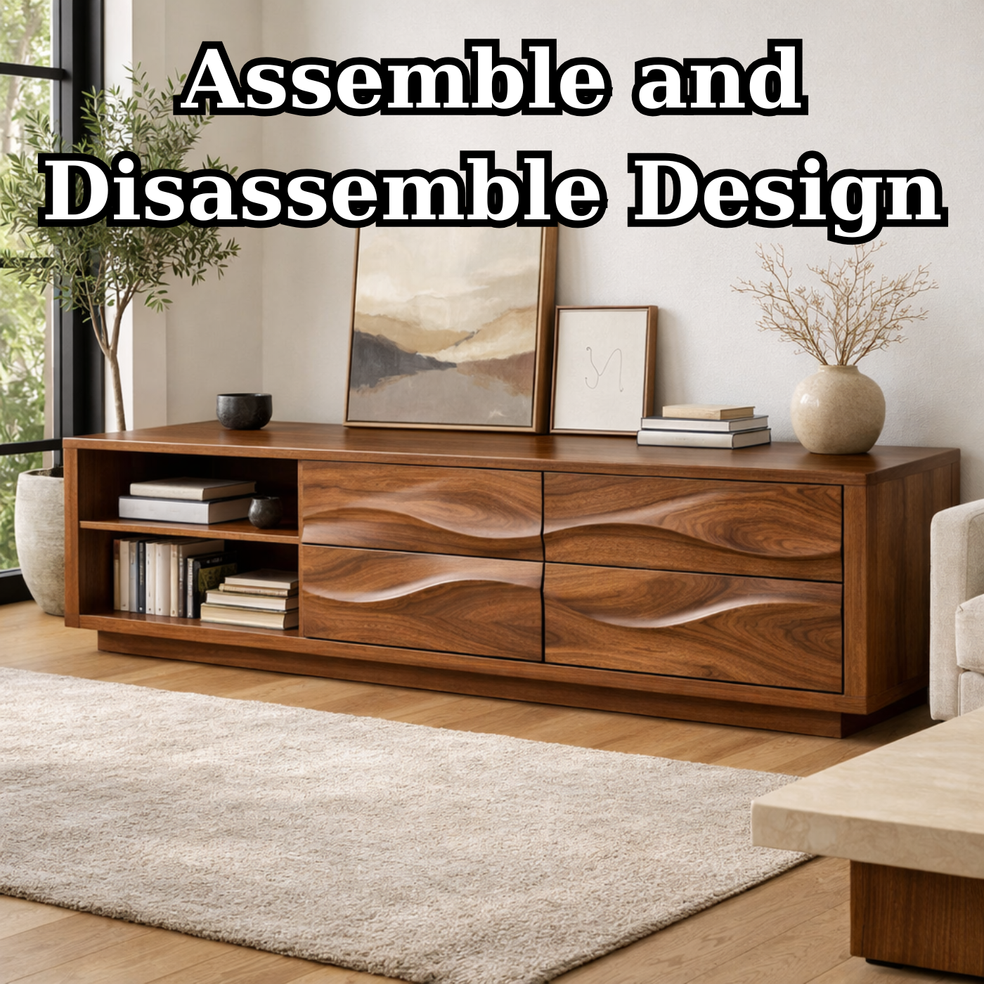 Solid Wood Wave Drawer TV Stand with Open Shelf for Modern Living Room