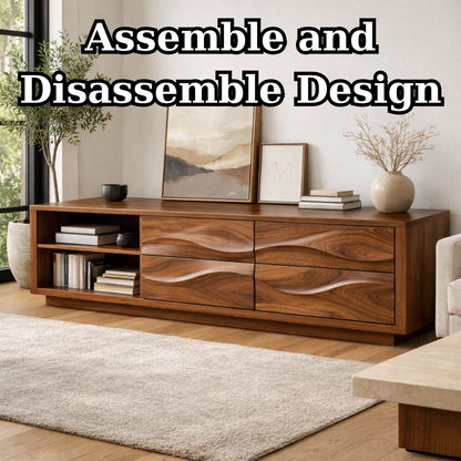 Solid Wood Wave Drawer TV Stand with Open Shelf for Modern Living Room