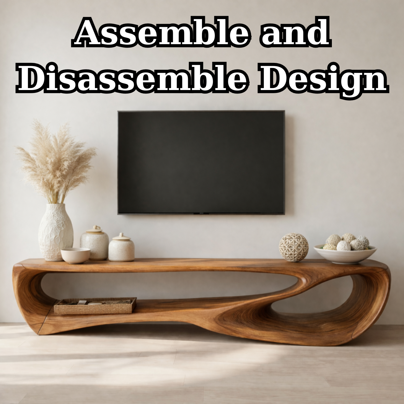 Handcrafted Solid Wood Sculptural TV Stand with Open Shelf Design