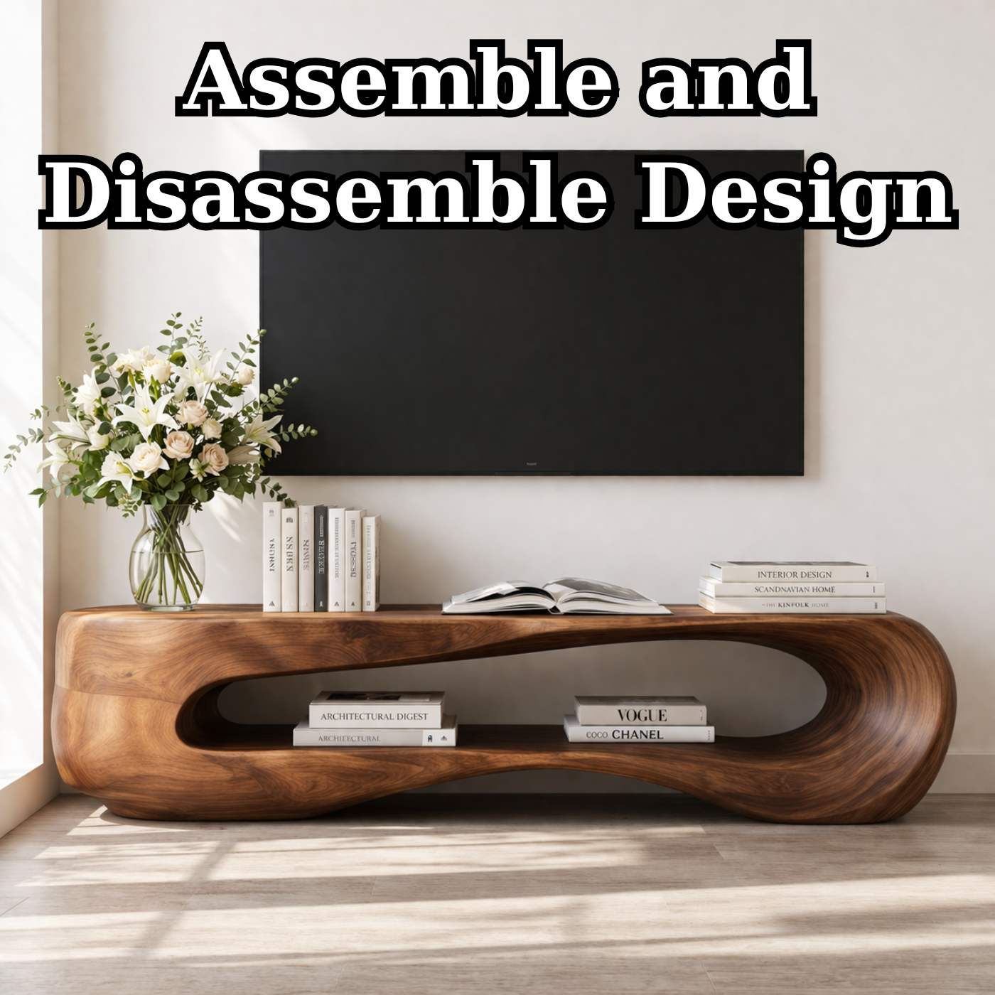 Solid Wood Sculptural TV Stand with Open Shelf and Organic Design
