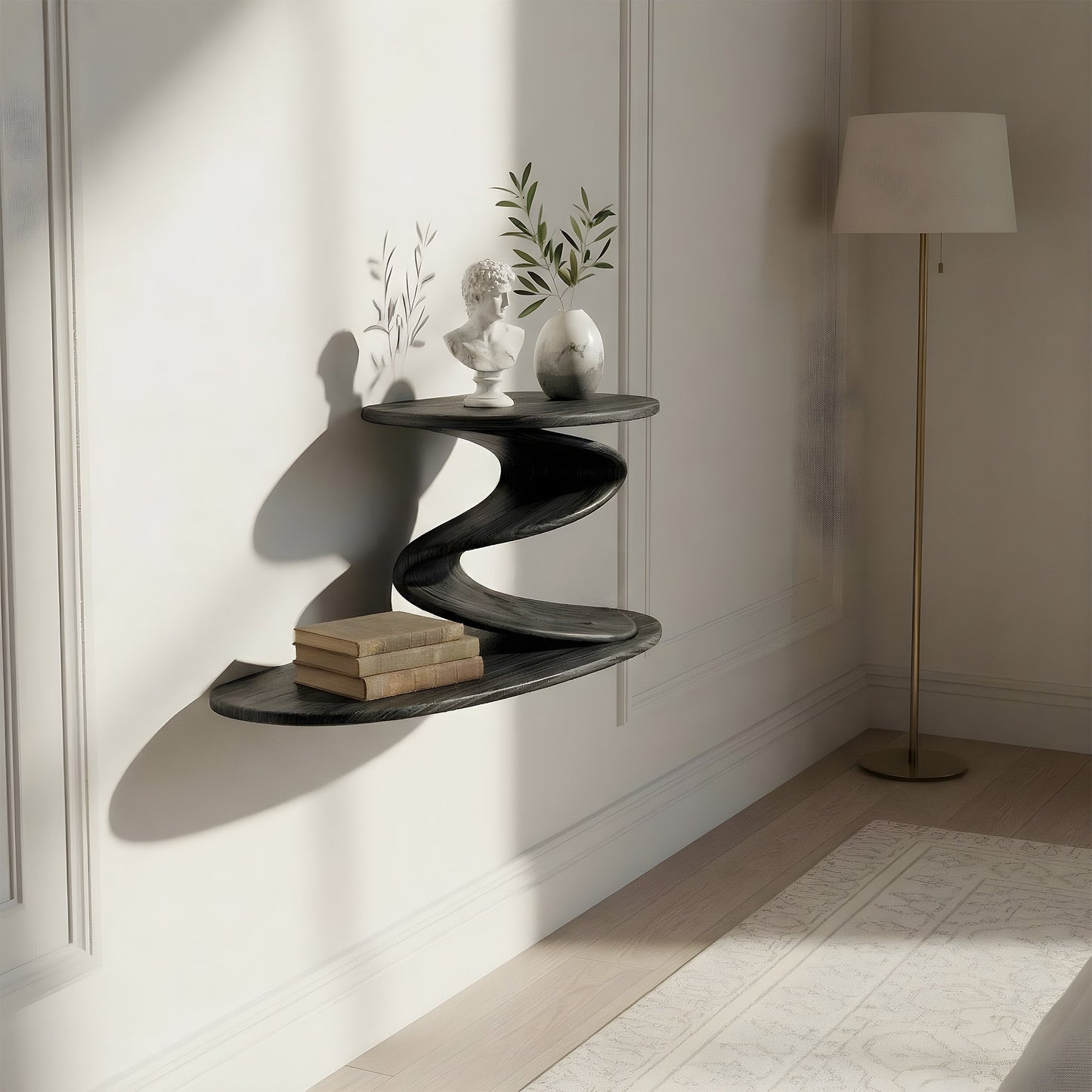 S-Shaped Sculptural Floating Wall Shelf with Dual Levels