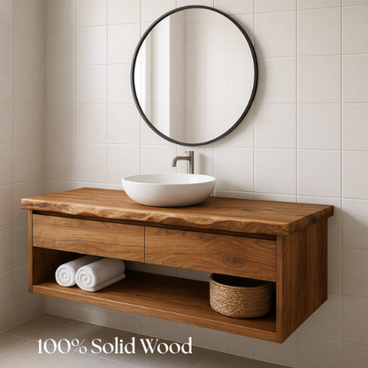 Handcrafted Floating Solid Wood Bathroom Vanity – Live Edge Countertop with Drawer and Open Shelf – Modern Organic Wall-Mount Design Kitchnce