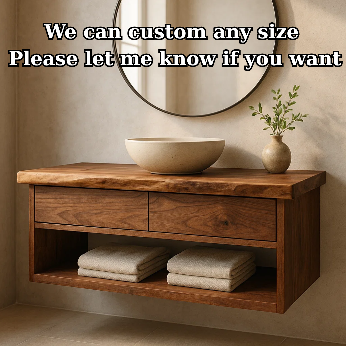 Modern Solid Wood Floating Bathroom Vanity with Live Edge Countertop and Open Shelf Storage
