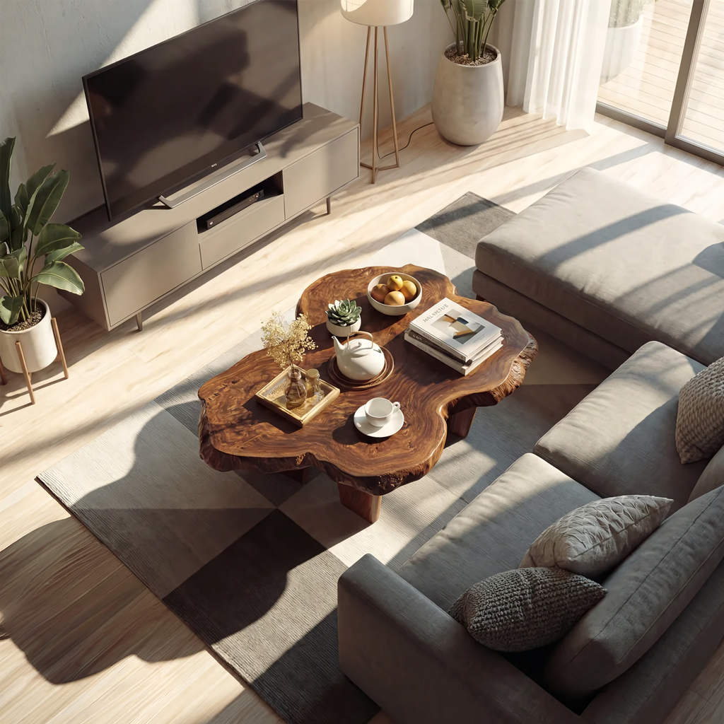 Organic Live Edge Coffee Table with Sculptural Low Profile Base
