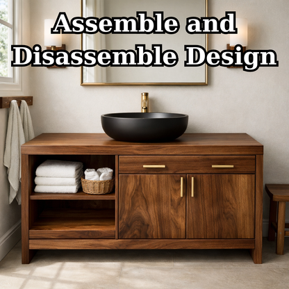 Solid Wood Bathroom Vanity with Open Shelf and Concealed Cabinet Storage