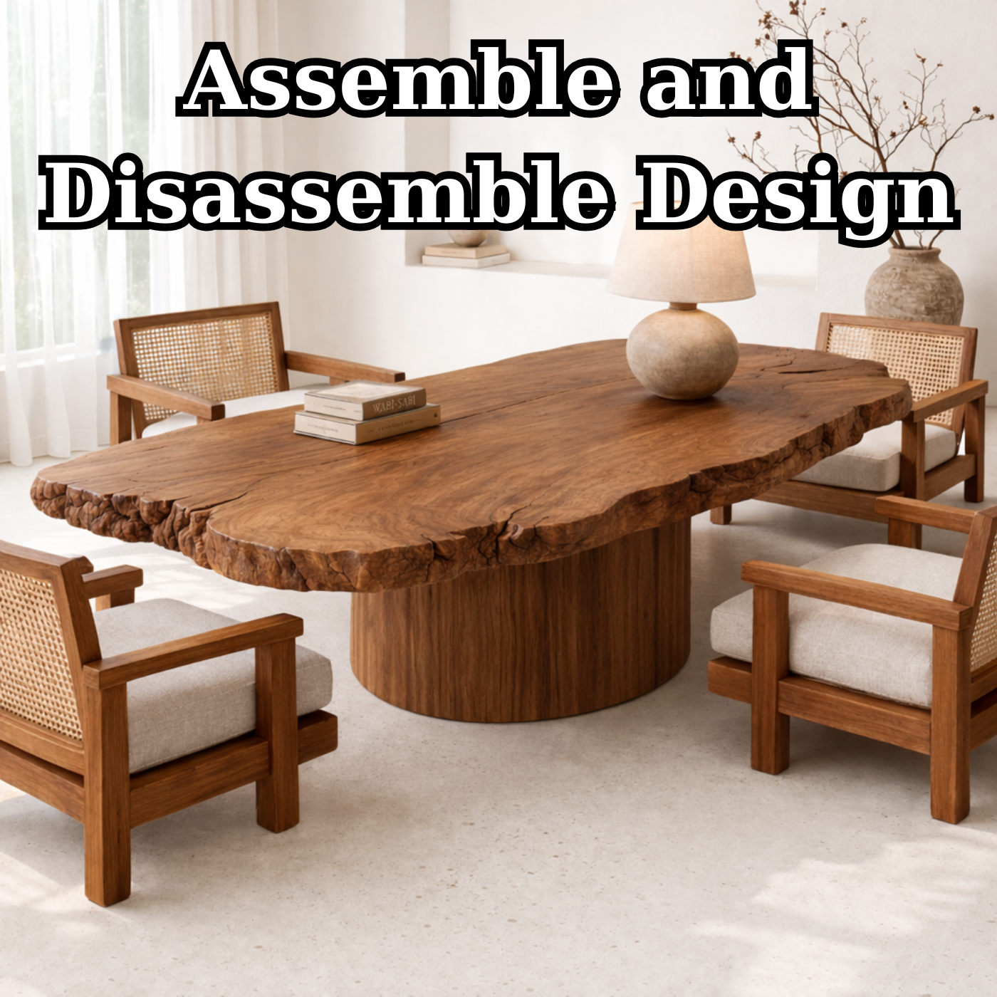 Handcrafted Solid Wood Coffee Table with Live Edge Top and Sculptural Base