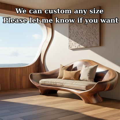 Handcrafted Solid Wood Sofa – Sculptural Organic Wood Couch with Smooth Curves and Linen Cushion Kitchnce