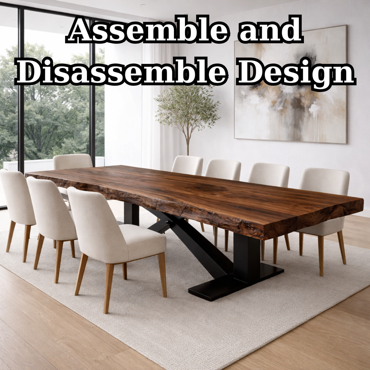 Handcrafted Solid Wood Dining Table with Live Edge Top and Modern Metal Base