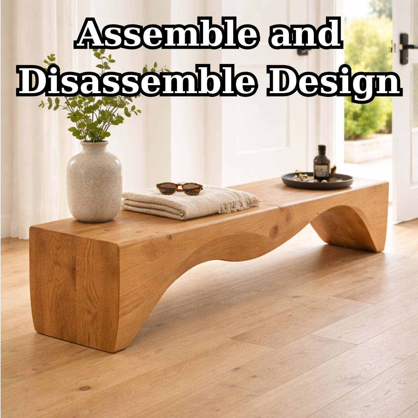 Solid Wood Entryway Bench with Curved Sculptural Base – Modern Minimalist Design