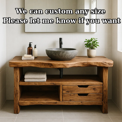 Handcrafted Solid Wood Bathroom Vanity, Rustic Live Edge Console with Storage Kitchnce