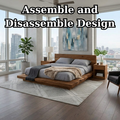Handcrafted Live Edge Solid Wood Low Platform Bed with Minimalist Headboard