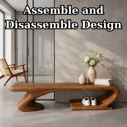 Solid Wood Sculptural Entryway Bench, Organic Wavy Minimalist Hallway Seat