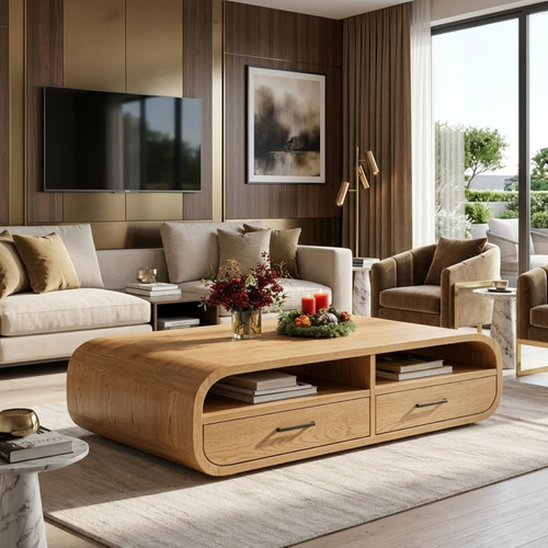 Modern Wooden Coffee Table with Drawers and Storage Space