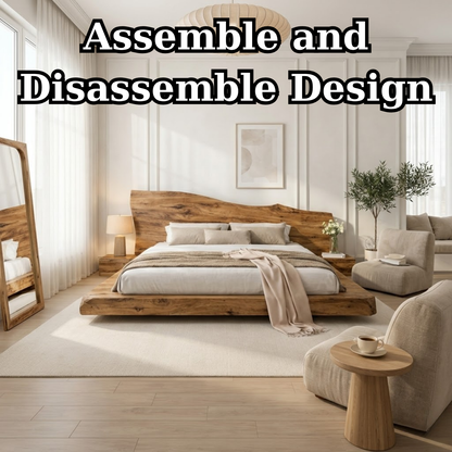 Solid Wood Platform Bed with Live Edge Headboard – Rustic Natural Wood Bed Frame, Modern Minimalist Bedroom Furniture