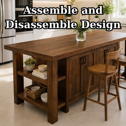 Solid Wood Kitchen Island with Seating & Storage – Rustic Walnut Dining Island Table with Cabinets & Open Shelves