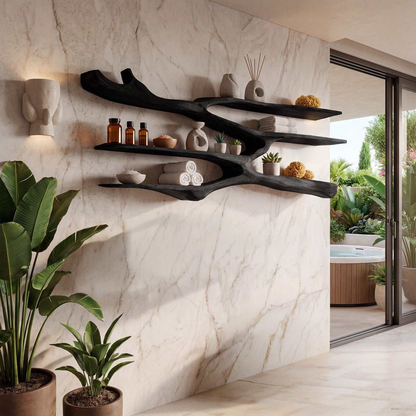 Flowing Wood Wall-Mounted Shelf With Open Display