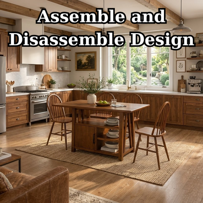 Solid Wood Dining Table with Storage Shelf – Rustic Walnut Kitchen Island Table, Wooden Dining Table with Cabinet