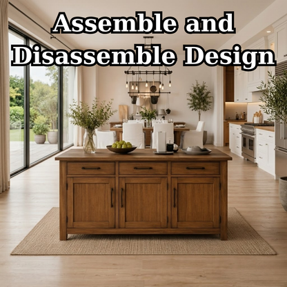 Solid Wood Kitchen Island with Cabinets & Drawers, Large Wooden Prep Table