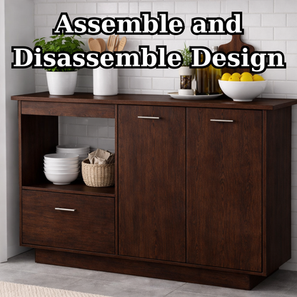 Solid Wood Kitchen Sideboard Cabinet – Walnut Storage Buffet with Drawer & Open Shelf