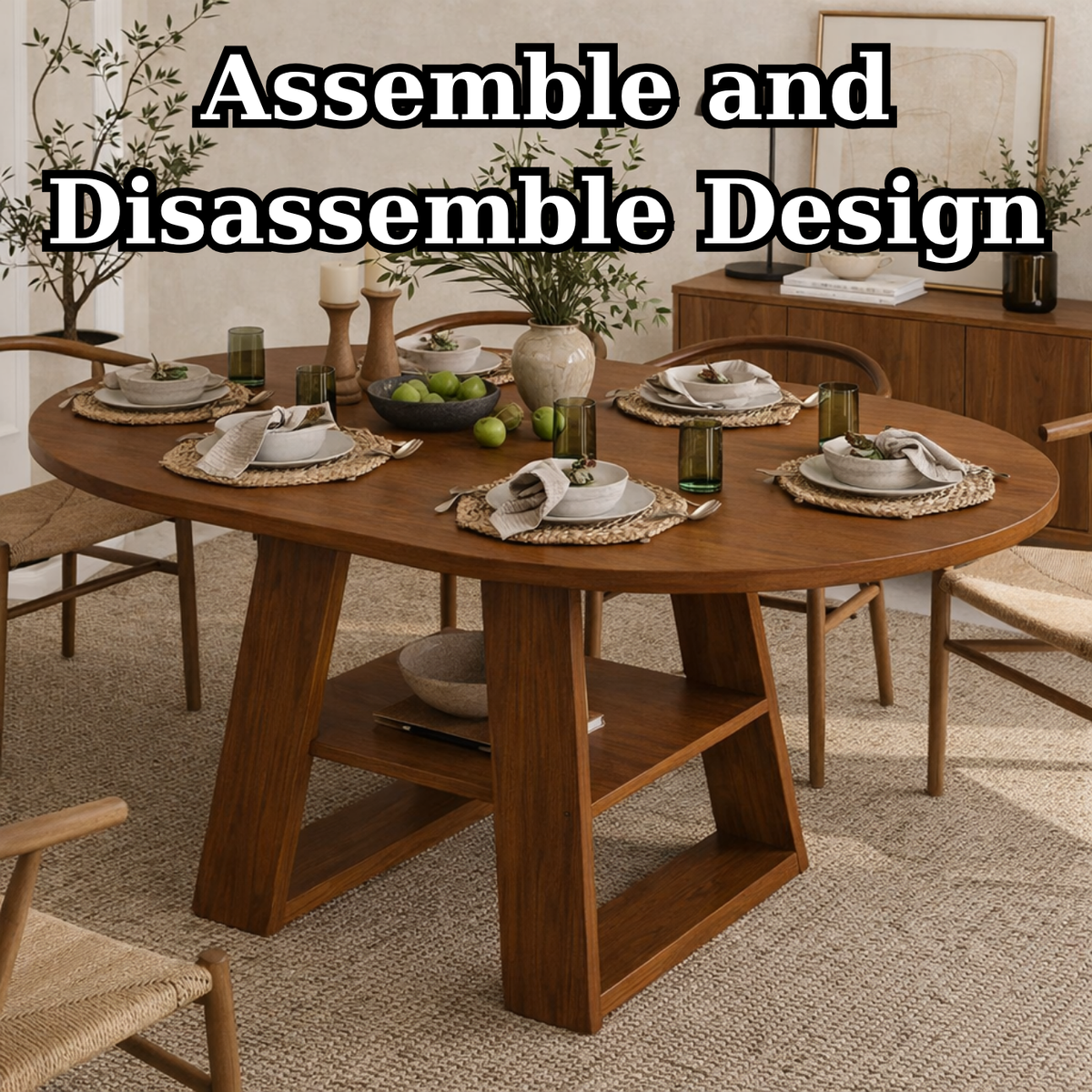 Solid Wood Dining Table – Walnut Pedestal Table with Open Shelf Base