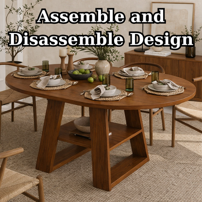 Solid Wood Dining Table – Walnut Pedestal Table with Open Shelf Base