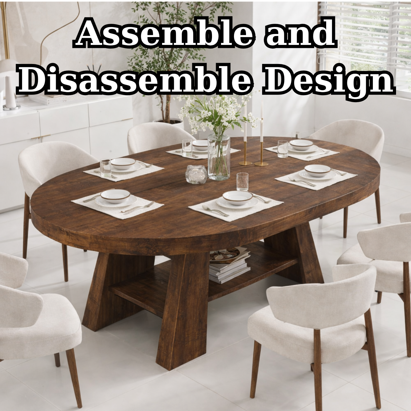 Oval Live Edge Solid Wood Dining Table – Dark Walnut Pedestal Table with Storage Shelf